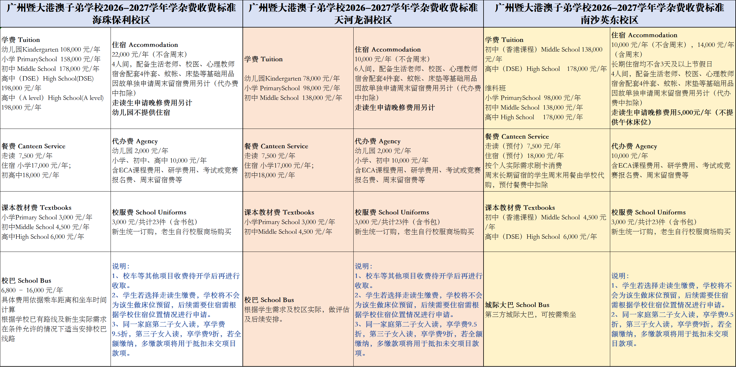 广州暨大港澳子弟学校2026-2027学年学杂费